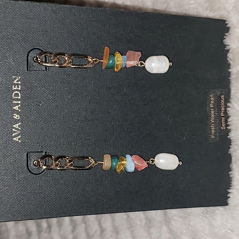 Ava & Aiden Gold Chain Linked Drop Earrings with Multicolor Stones and Pearl NWT